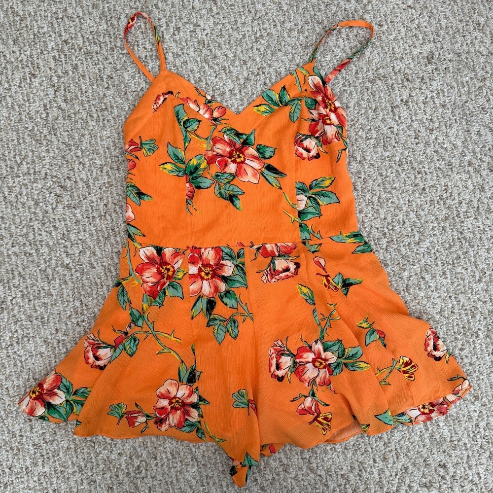 Ali & Jay Romper Womens M Floral Spaghetti Strap V Neck Flowy Orange